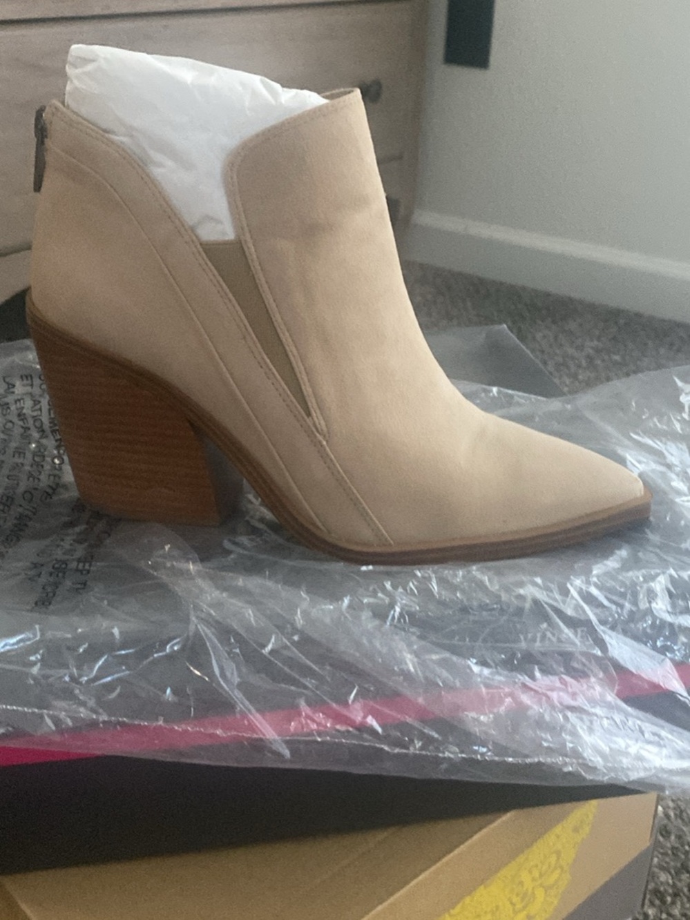 Vince Camuto Light Beige Suede Pointed Toe Block Heel Ankle Bootie
